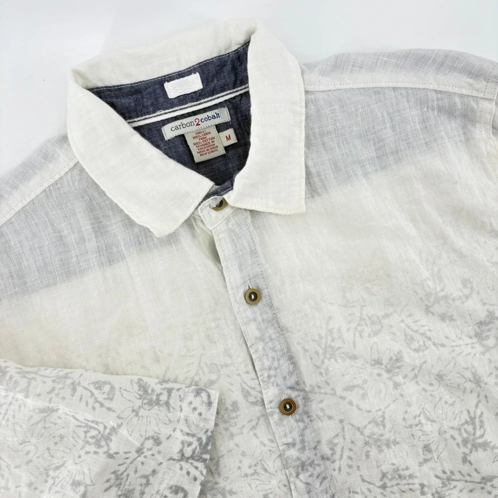 Carbon 2 Cobalt Mens White Grey Ombre Floral 100% Linen Short Sleeve Shirt‎ M